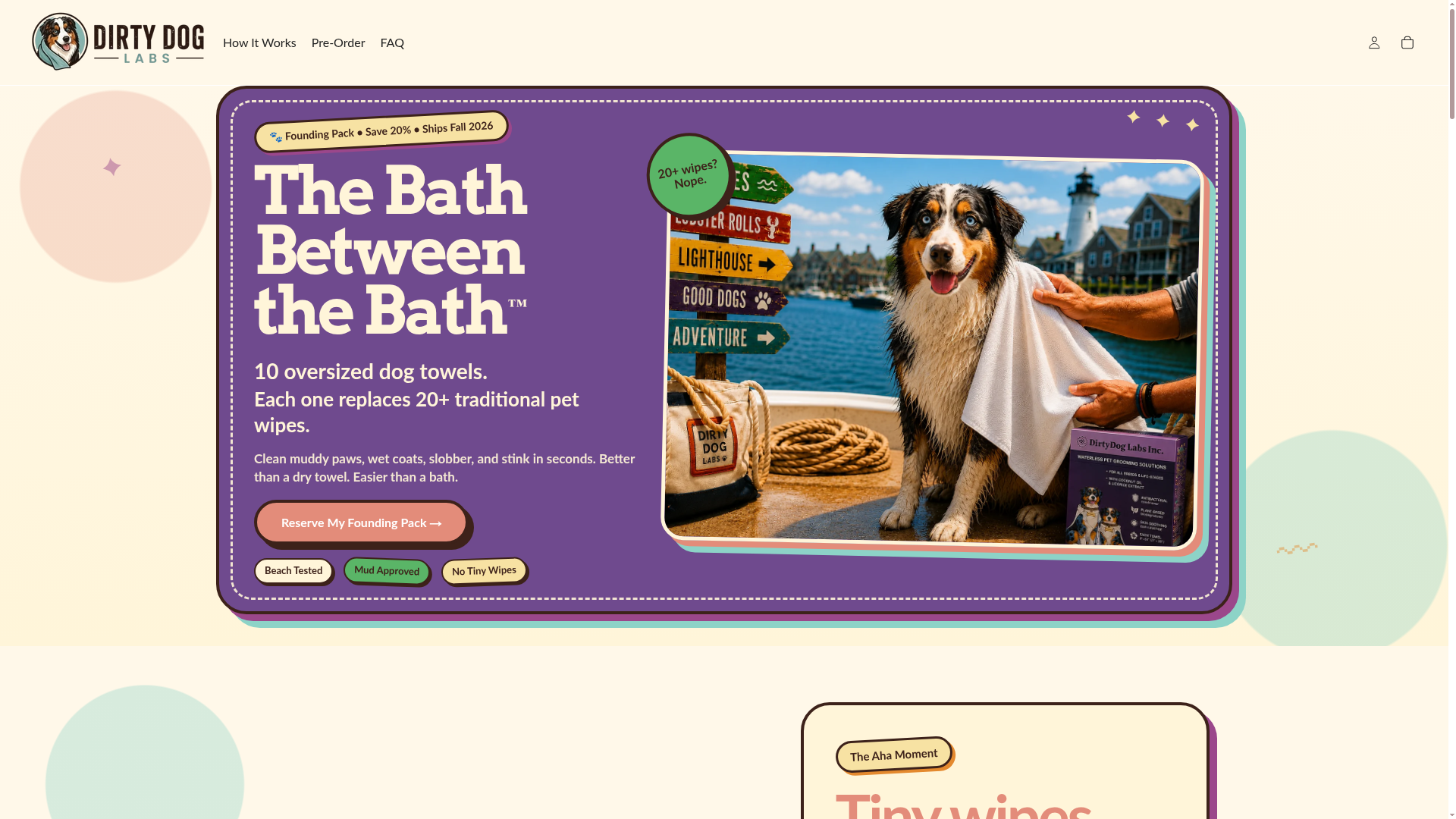 Dirty Dog Labs Shopify homepage with a purple product story panel and a dog wrapped in a towel